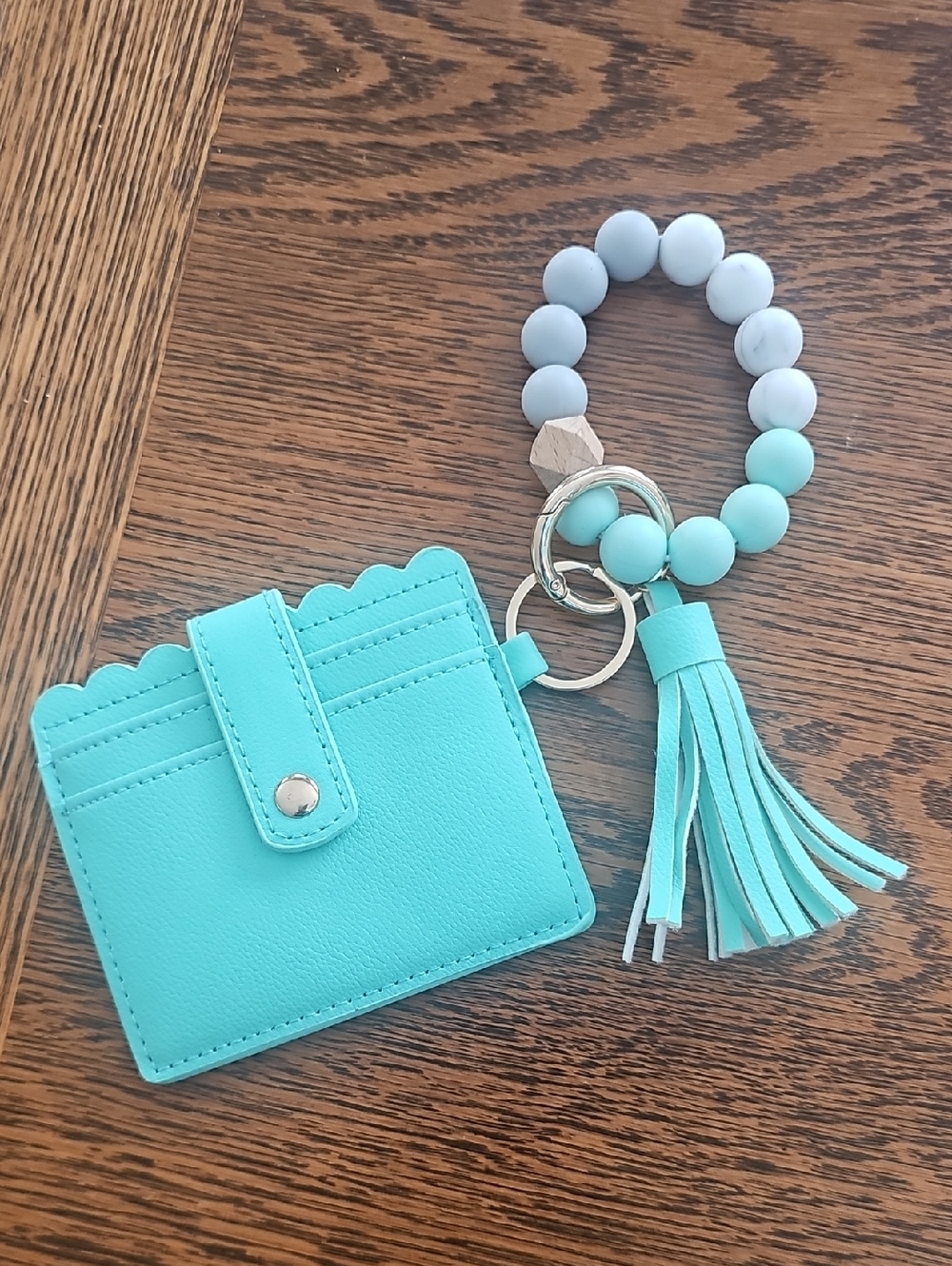 Beaded Keychain With Wristlet- Light Teal